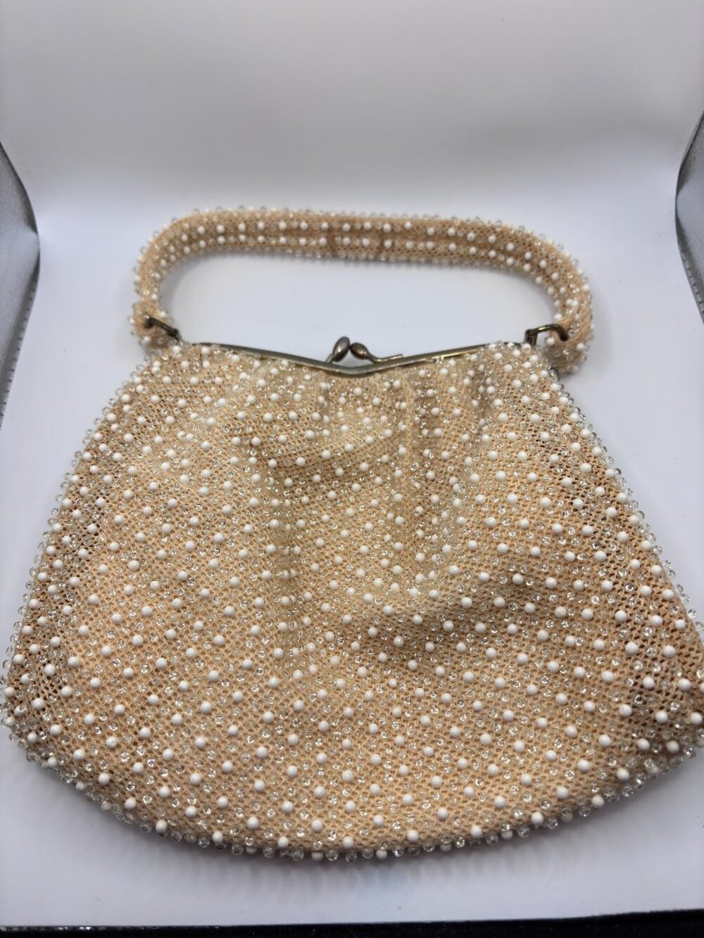 Vintage Golden Cream with Ivory Pearl Beaded Evening Purse Handbag 7.5” x 8 READ